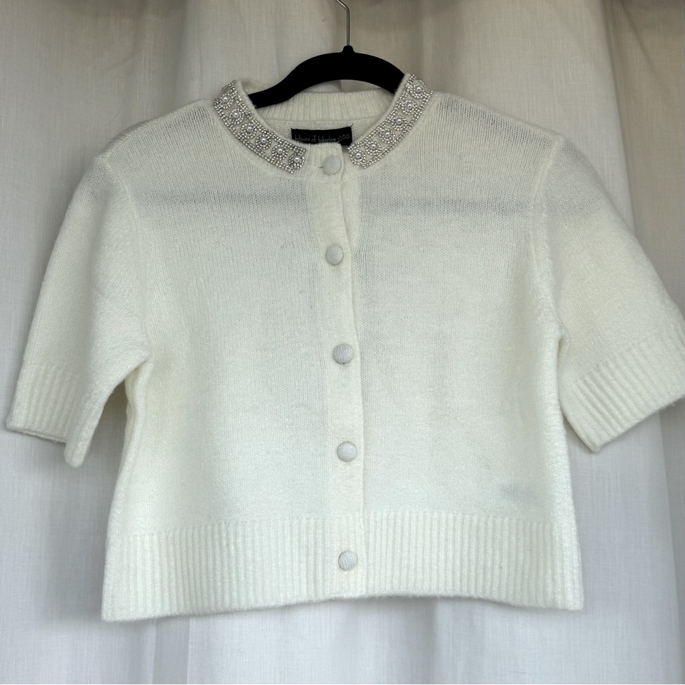 House of Harlowe 1960 cream rhinestone embellished cardigan Size XS